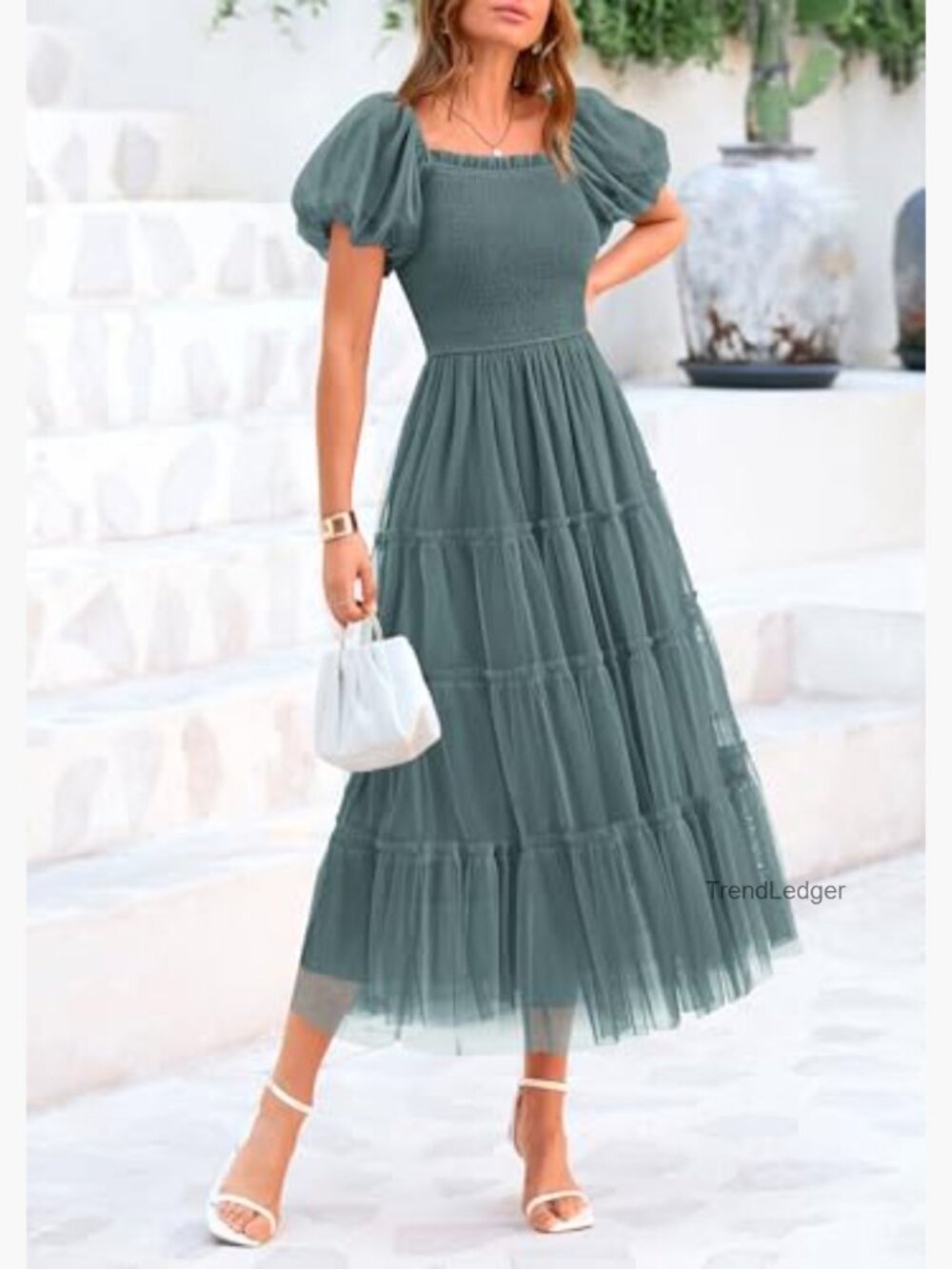 Smocked Midi Tulle Dress Puffy Sleeves Square Neck Wedding Guest Party - Picture 4 of 7